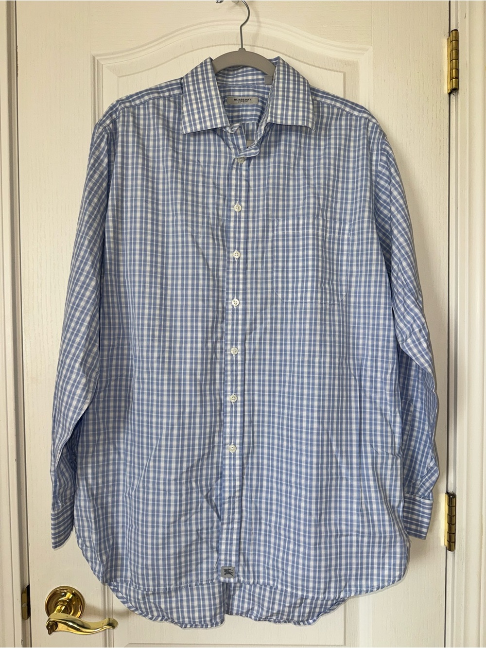 Burberry London Men’s Blue White Check Button Front Dress Shirt Size 16.5 42